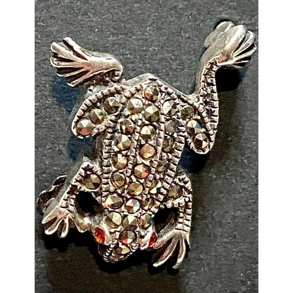 Vintage Two Silver‎ Marcasite Frog Pins with Red Glass Eyes